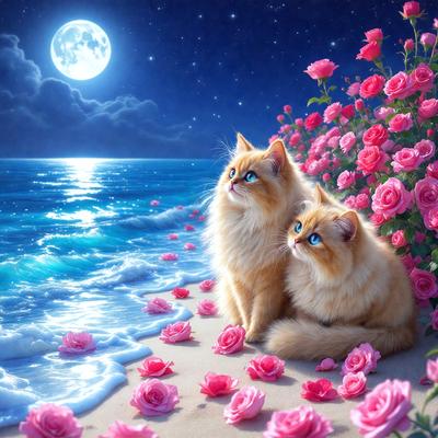 The primary subject of the image is a pair of cats sitting on a beach near a flower bush. The setting is a beach with a night sky in the background. The visual style is a painting, which gives the image a more artistic and vibrant appearance. The dominant colors are pink and purple, which create a warm and serene atmosphere.